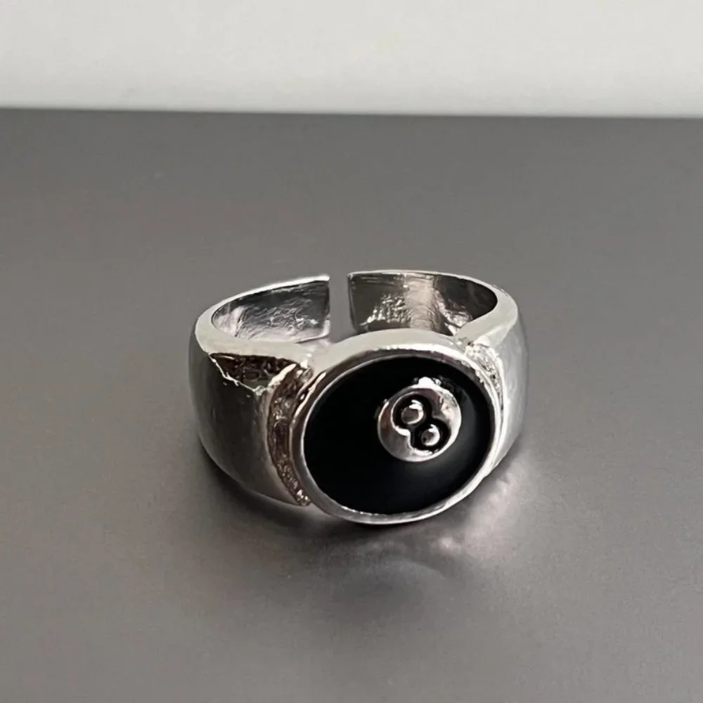Y2K 2000s vintage style 8-ball chrome silver ring